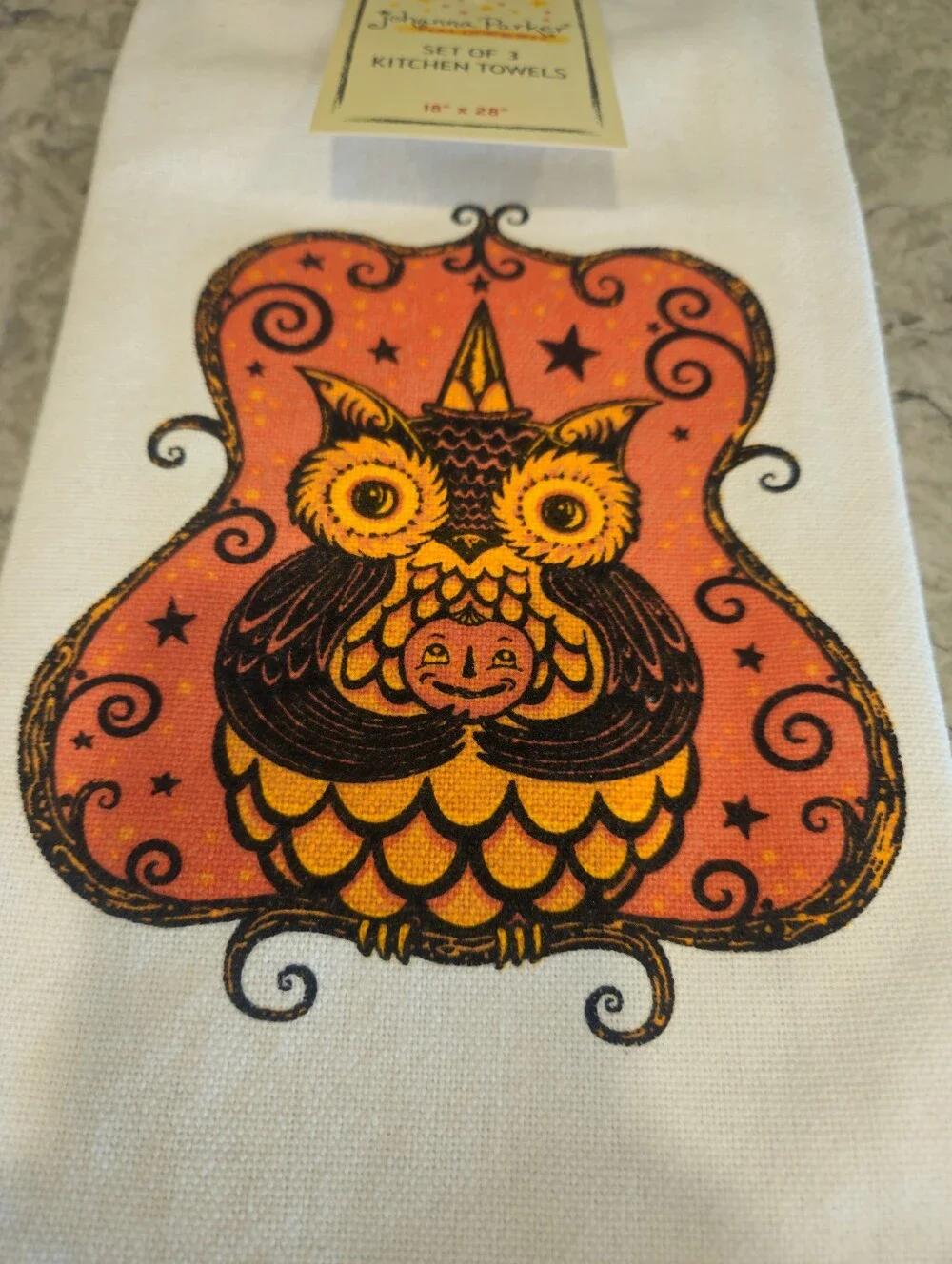 Johanna Parker Retro Halloween Owl Pumpkin Stars Kitchen Towels NWT Cotton